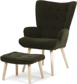 Relaxačné kreslo ušiak ROMEO II + taburet — masívne drevo, látka bouclé, prírodná / zelená