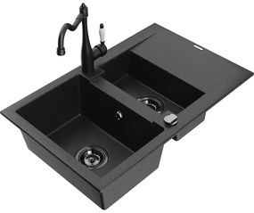 Mexen Gaspar, granitový drez 752x436x161 mm, 1,5-komorový a drezová batéria Carla, čierna-strieborná metalíza, 6507-73-670700-70-B
