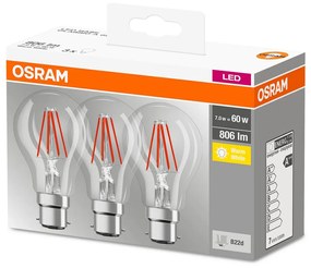 OSRAM Sada 3x LED žiarovka B22d, A60, 7W, 806lm, 2700K, teplá biela