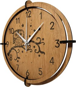 Drevené nástenné hodiny Sova na vetve – dubový dekor, tichý chod | SENTOP HDF0573-OAK
