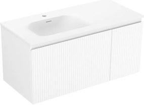 Mexen Rivel, kúpeľňová skrinka 100 cm s umývadlom Vela ľavá, 1S, 1D, drážkovaná, biela matná, 91A23-10047-3-BBFF01-W23L01