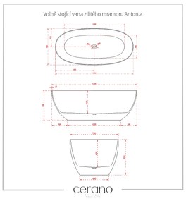 Cerano Antonia, voľne stojaca vaňa z liateho mramoru 170x75cm, biela matná, CER-CER-417524