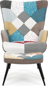 Relaxačné kreslo ušiak s taburetom ROYAL II — kov, látka, patchwork