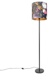 Romantická stojaca lampa čierna s kvetinovým tienidlom 40 cm - Simplo