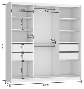 Šatníková skriňa 200 cm Belini biely mat s posunými dverami zrkadlom a zásuvkami  MT SZP5/1/W/W/0/KLAL