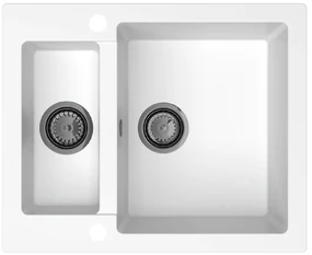 Sink Quality Ferrum, kuchynský granitový drez 605x495x210 mm + čierny sifón, biela, SKQ-FER.W.5KBO.XB