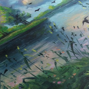 Obraz - Olejomaľba, Letný podvečer pri jazere (s hodinami) (90x30 cm)