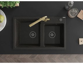 Mexen Tomas, granitový drez 800x500x190 mm, 2-komorový a zlatá batéria Duero, čierna - zlatá metalíza, 6516-75-671600-50-B