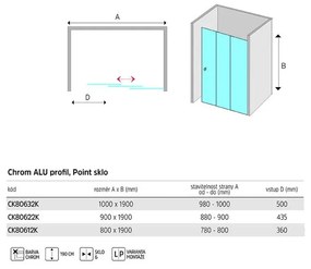 Mereo Lima, zasúvacie trojdielne sprchové dvere 90x190, 6mm Point sklo, chrómový profil, MER-CK80622K