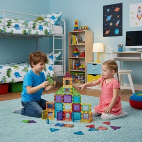 MULTISTORE Magnetická stavebnica 130 dielov – magnetické kocky 2D/3D, kolieska, šablóny, 3+