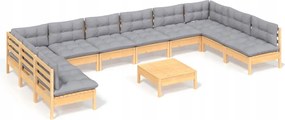 vidaXL 11-dielna sedacia súprava do záhrady, sivé vankúše, borovica