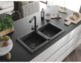 Mexen Mario, 2-komorový granitový drez 820x436x161 mm a čierna drezová batéria Duero, čierna škvrnitá, 6504-76-671600-70-B