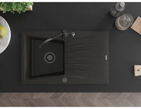 Mexen Cesar, 1-komorový granitový drez 775x470x190 mm a drezová batéria Carla, čierna-zlatá metalíza, 6514-75-670700-70-B