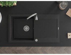 Mexen Leo 1-komorový granitový drez s odkvapkávačom 900x500mm a kuchynskou batériou Telma, čierna - 6501-77-670200-00