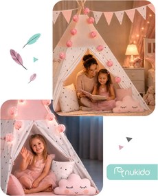 Detský stan tipi s girlandou a svetlami Nukido - ružový
