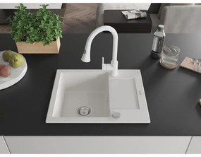 Mexen Enzo, 1-komorový granitový drez 576x465x174 mm a drezová batéria Elia, biela, 6506-20-670101-20