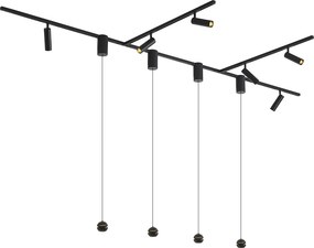 Moderný koľajnicový systém čierny so 6 bodovými svetlami a 4 závesnými svietidlami Easylift 1-fázový - Slimline Uzzy Tira