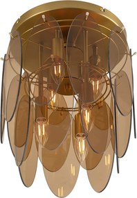 Art Deco plafondlamp goud met amber glas ovaal 6-lichts - Mochan