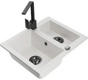 Mexen Carlos, 1,5-komorový granitový drez s odkvapkávačom 582x475x177 mm a čierna kuchynská batéria Rita, biela, 6518-20-670300-70