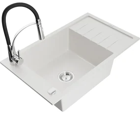 Mexen Elias, 1-komorový granitový drez 795x480x200 mm a drezová batéria Aster, biela, 6511-20-73450-07