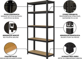 Regál 200x120x50 cm lakovaný 5-policový, nosnosť 875 kg - čierny