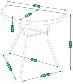 Pologuľatý balkónový stolík béžový – sklenený s kovovou konštrukciou