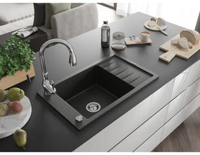 Mexen Elias, 1-komorový granitový drez 795x480x200 mm a drezová batéria Savita, čierna-zlatá metalíza, 6511-75-672601-00