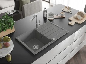 Mexen Bruno, 1-komorový granitový drez 795x495x200 mm a drezová batéria Flora, šedá, 6513-71-670401-00