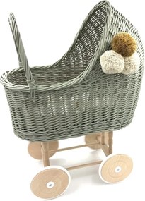 Prútený vysoký kočík pre bábiky olivová