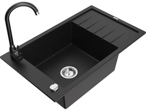 Mexen Elias, 1-komorový granitový drez s odkvapkávačom 80x48 cm a kuchynskou batériou Telma, čierna, 6511-77-670200-70