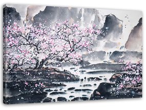 Obraz na plátně Japonsko Cherry Blossom Pink Nature - 100x70 cm