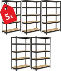 Akcia 5x Regál 180x120x30 cm lakovaný 5-policový, nosnosť 875 kg - čierny