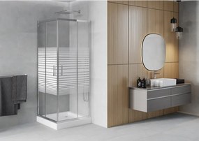 Mexen Rio, štvorcový sprchovací kút s posuvnými dverami 80 x 80 cm, 6mm číre sklo/pásy, chrómový profil + biela vysoká sprchová vanička Rio, 860-080-080-01-20-4510