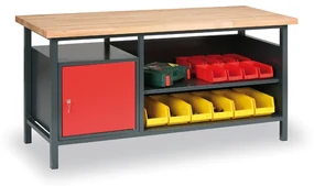 Dielenský pracovný stôl GD, buková škárovka, 1 skrinka, 1 polica, 1700 x 685 x 850 mm, antracit / červená