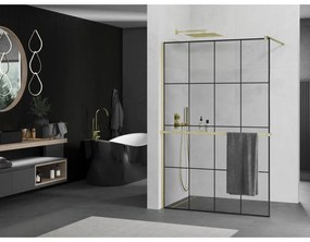 Mexen Kioto+, sprchová zástena Walk-In s poličkou a vešiakom 140 x 200 cm, 8mm číre sklo čierny vzor, zlatý matný profil, 800-140-121-55-77