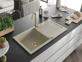 Mexen Leo granitový drez s 1 komorou a odkvapkávačom 900 x 500 mm, béžový, sifón zlatý - 6501901010-69-G