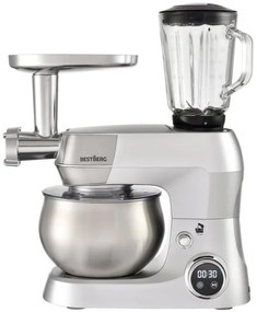 MEGAKOMBO Multifunkčný kuchynský robot BestBerg BBR-1900S + 15dielna sada nerezových hrncov a nepriľnavých panvíc BestBerg BBSC-15 / strieborná