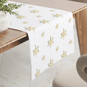 Biante Teflónový behúň na stôl TF-120 Zlato-modro-zelené vianočné vločky na bielom 20x140 cm