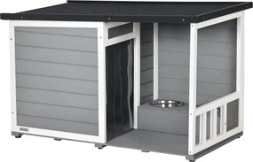 PawHut Exteriérový Psí Domček, Drevo s 2 Miskami, Terasa, Vodotesná Psia Jaskyňa s Šikmou Strechou pre Malých Psov, Šedá, 103 x 62 x 60-66 cm | Aosom