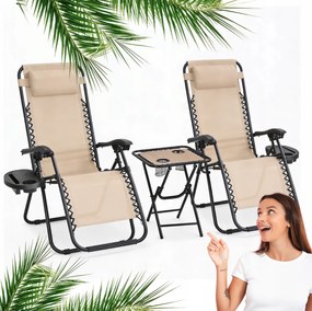 Set 2 polohovateľných záhradných lehátok so stolíkom - béžový