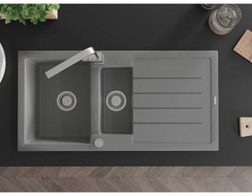 Mexen Andres, granitový drez 1000x500x200 mm, 1,5-komorový, šedá s chrómovým sifónom a chrómová drezová batéria Rita, 6515-71-670300-00