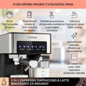 Klarstein Arabica Comfort  kávovar s portafiltrom, 1350 W, 20 bar, 1,8 l, dotykový ovládací panel