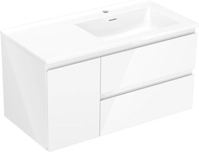 Mexen Orio, kúpeľňová skrinka 90 cm s pravým umývadlom Otis, 2S, 1D, biela lesklá, 91A13-09047-3-BBFFF00-W18P00