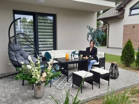 Ratanový set: Gauč, stôl, 2 stoličky a 2 taburety - čierny s béžovými vankúšmi