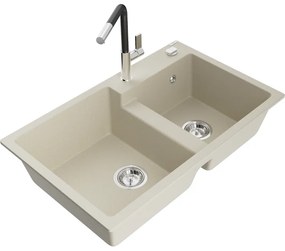 Mexen Tomas, 2-komorový granitový drez 800x500x190 mm a drezová batéria Flora, béžová, 6516-69-670401-07