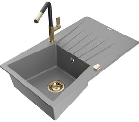 Mexen Cesar, 1-komorový granitový drez 775x470x190 mm a drezová batéria Flora, šedá, 6514-71-670401-57-G