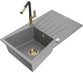 Mexen Cesar, 1-komorový granitový drez 775x470x190 mm a drezová batéria Flora, šedá, 6514-71-670401-57-G