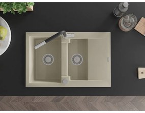 Mexen Gaspar, 1,5-komorový granitový drez 737x475x177 mm a drezová batéria Flora, béžová, 6507-69-670401-07
