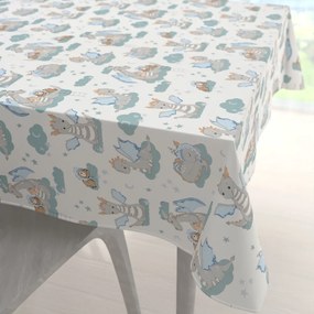 Biante Detský bavlnený štvorcový obrus Sandra SA-689 Dráčikovia s medvedíkmi na modrozelených obláčikoch na bielom 100x100 cm