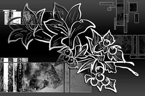 Samolepiaca tapeta čiernobiela kresba kvetov na abstraktnom pozadí